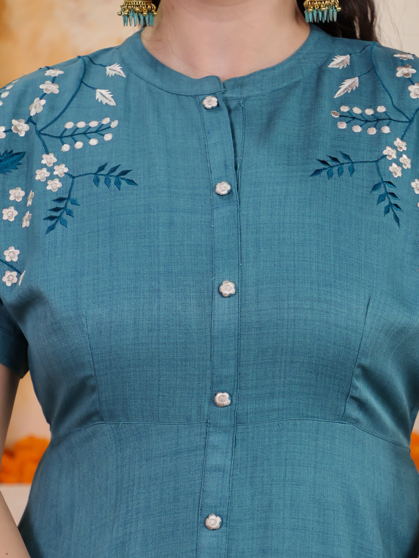 Embroidered Linen Blend Solid A-line Teal Dress