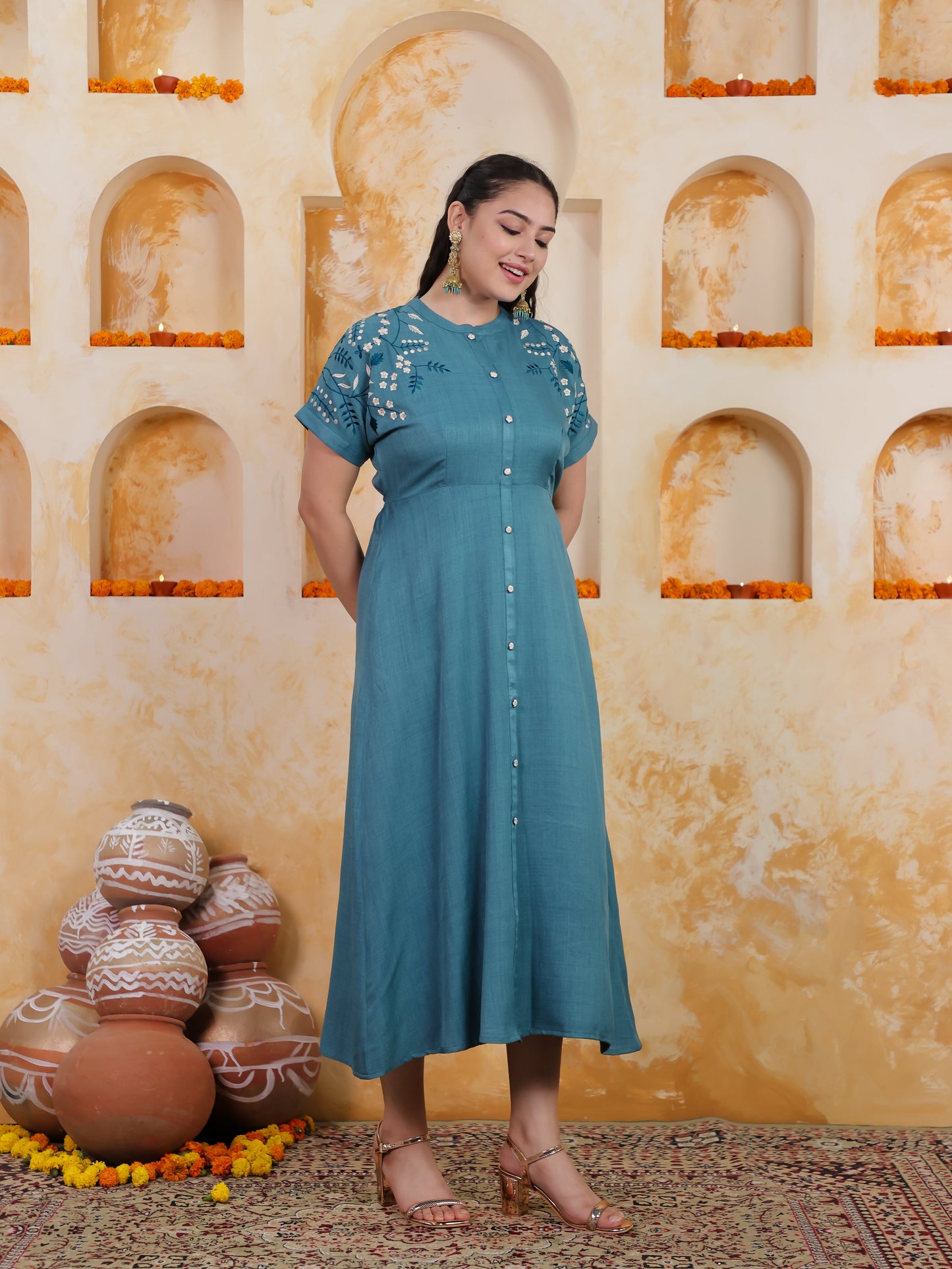 Embroidered Linen Blend Solid A-line Teal Dress