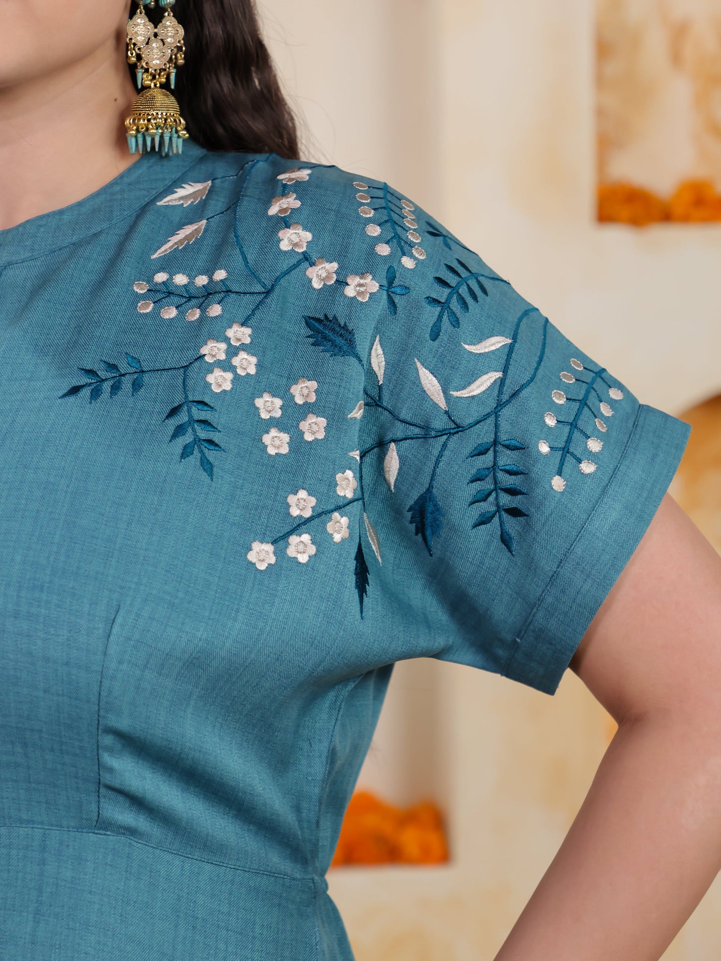 Embroidered Linen Blend Solid A-line Teal Dress