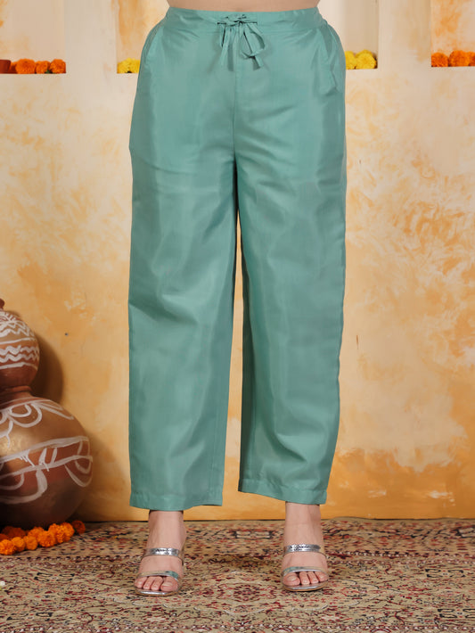 Blended Silk Solid Mint Green Straight Trousers
