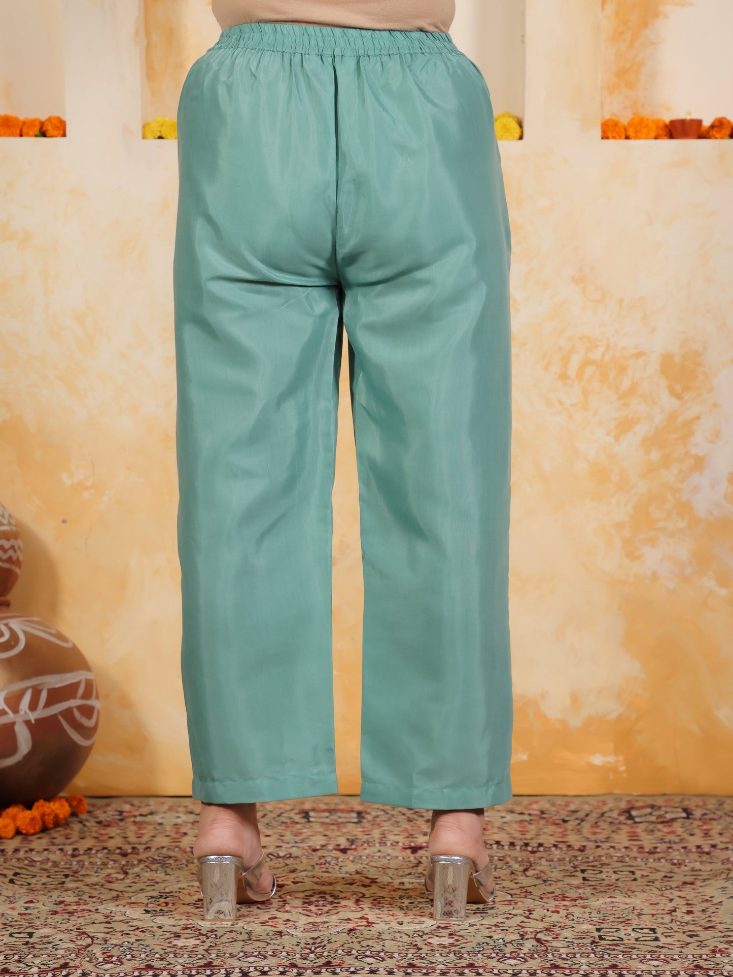 Blended Silk Solid Mint Green Straight Trousers