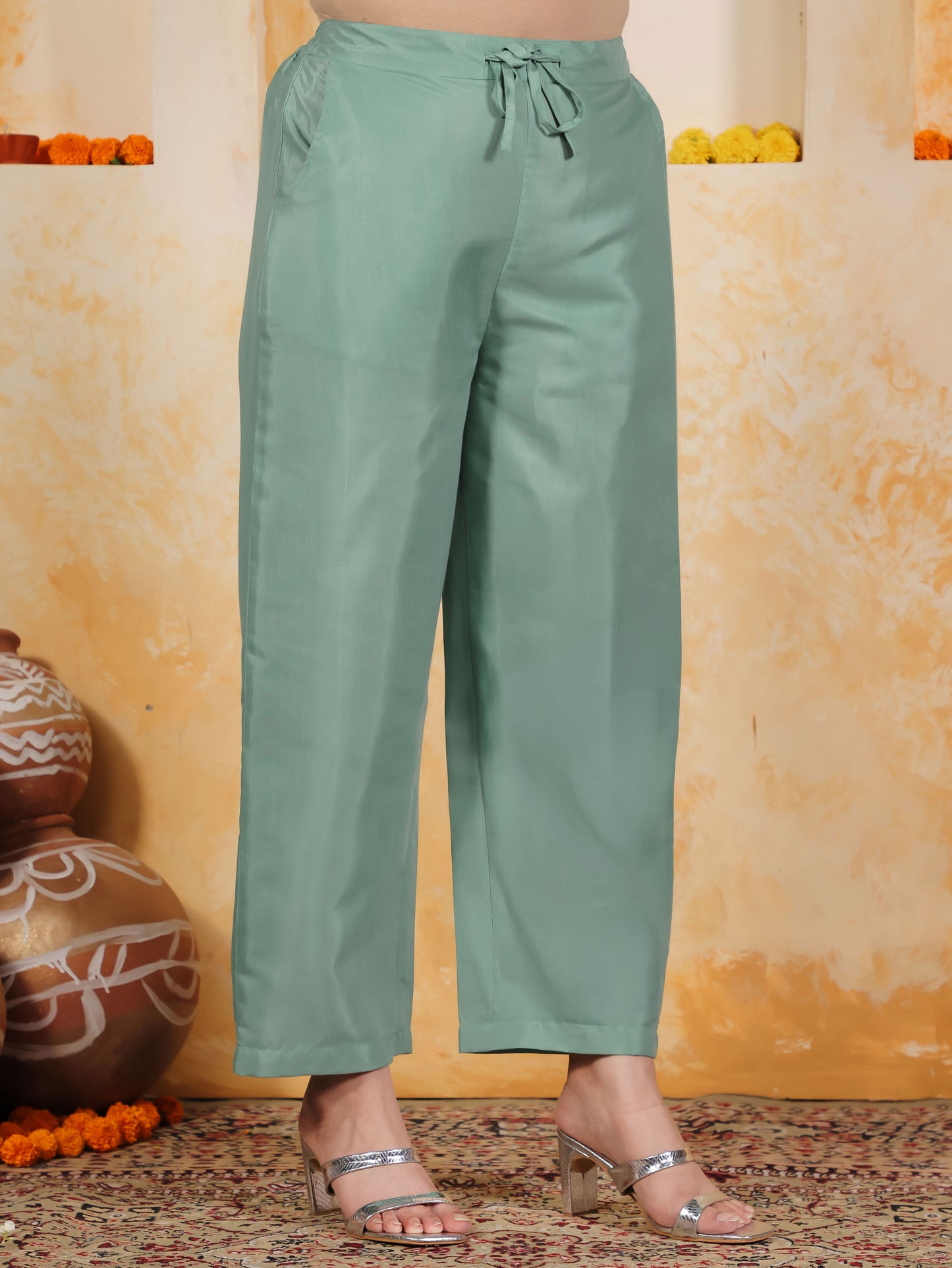 Blended Silk Solid Mint Green Straight Trousers