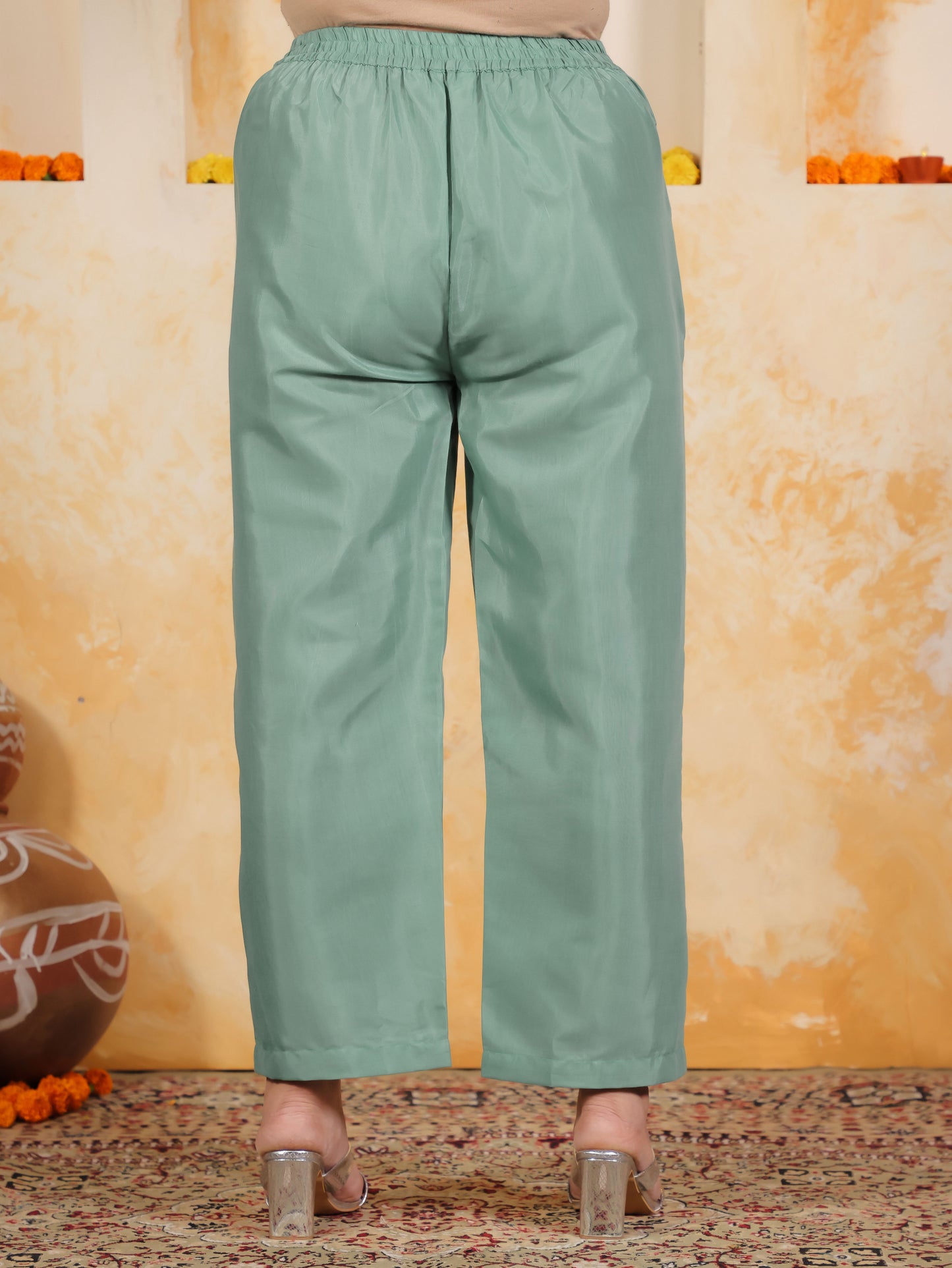 Embroidered Blended Silk Solid Straight Mint Green Kurta
