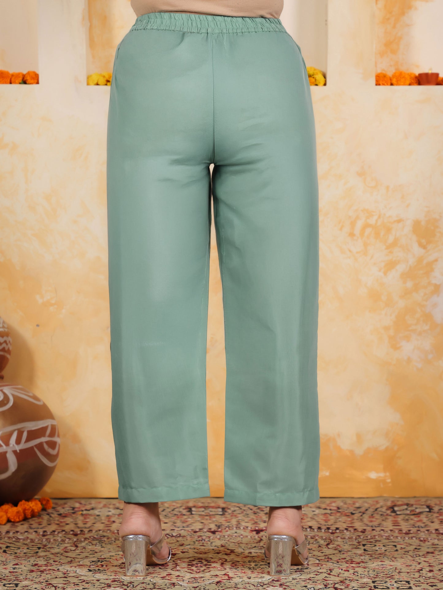 Blended Silk Solid Mint Green Straight Trousers
