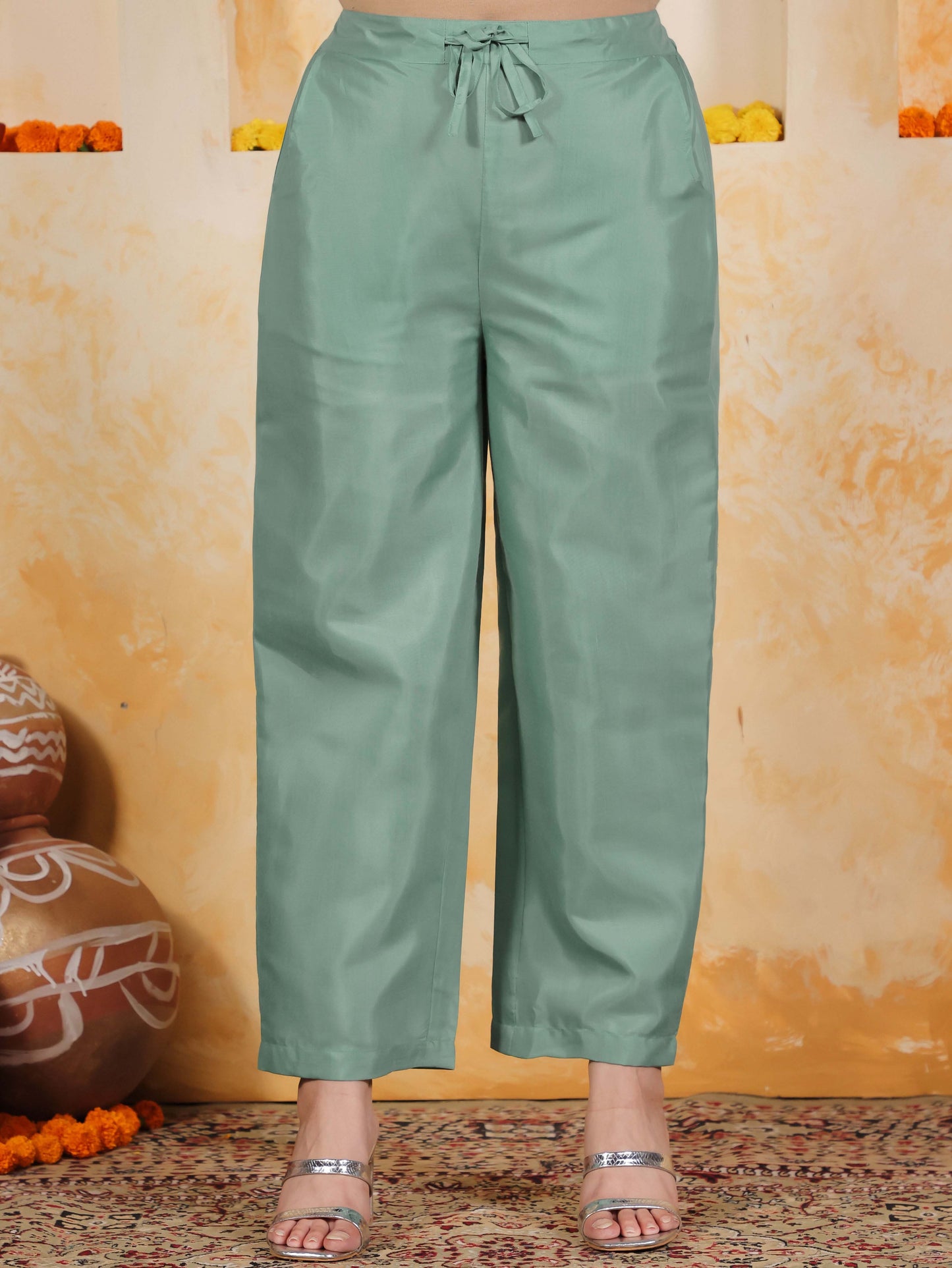 Embroidered Blended Silk Solid Straight Mint Green Kurta