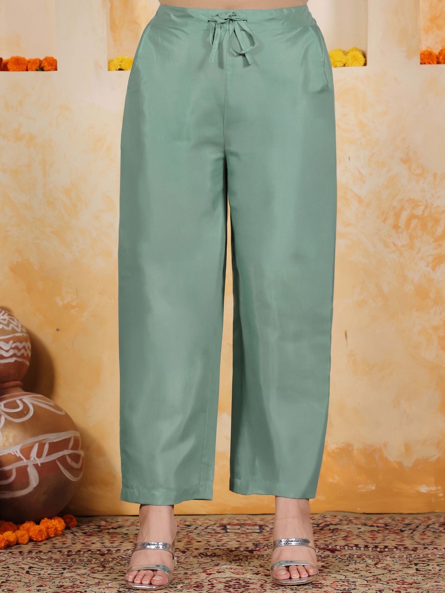 Blended Silk Solid Mint Green Straight Trousers