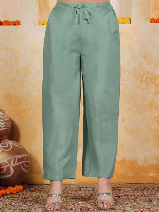 Blended Silk Solid Mint Green Straight Trousers