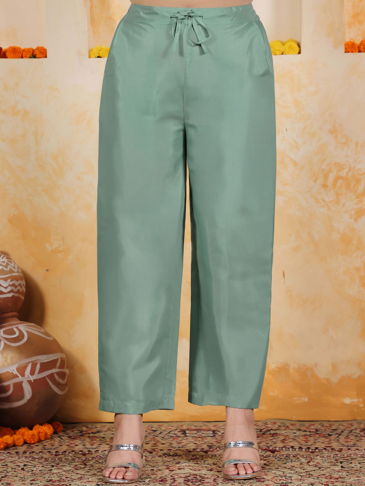 Embroidered Blended Silk Solid Straight Mint Green Kurta