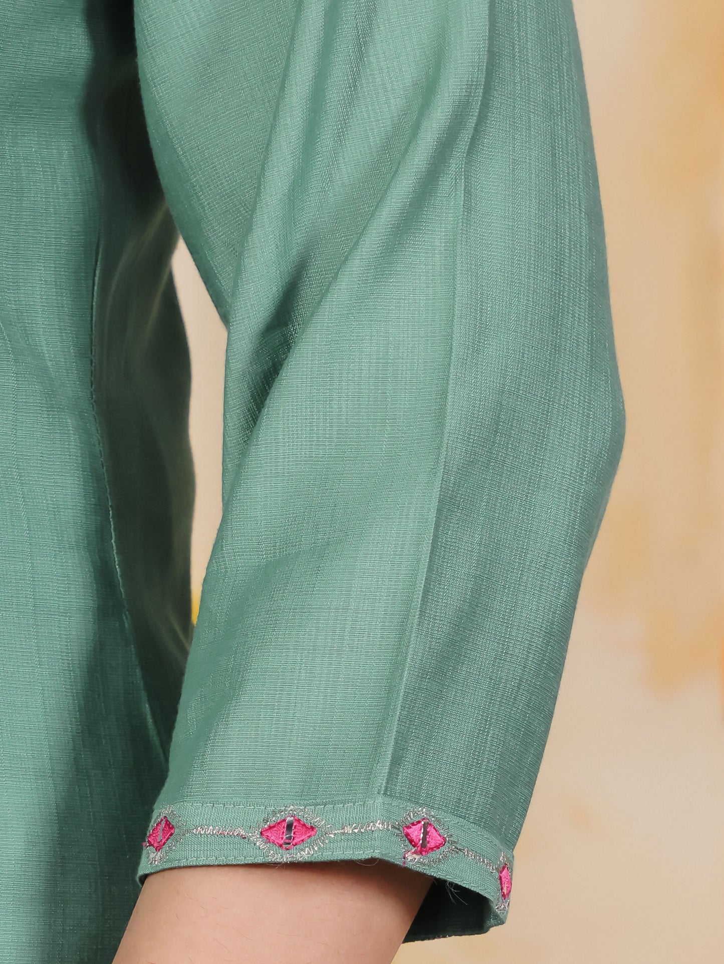 Embroidered Blended Silk Solid Straight Mint Green Kurta