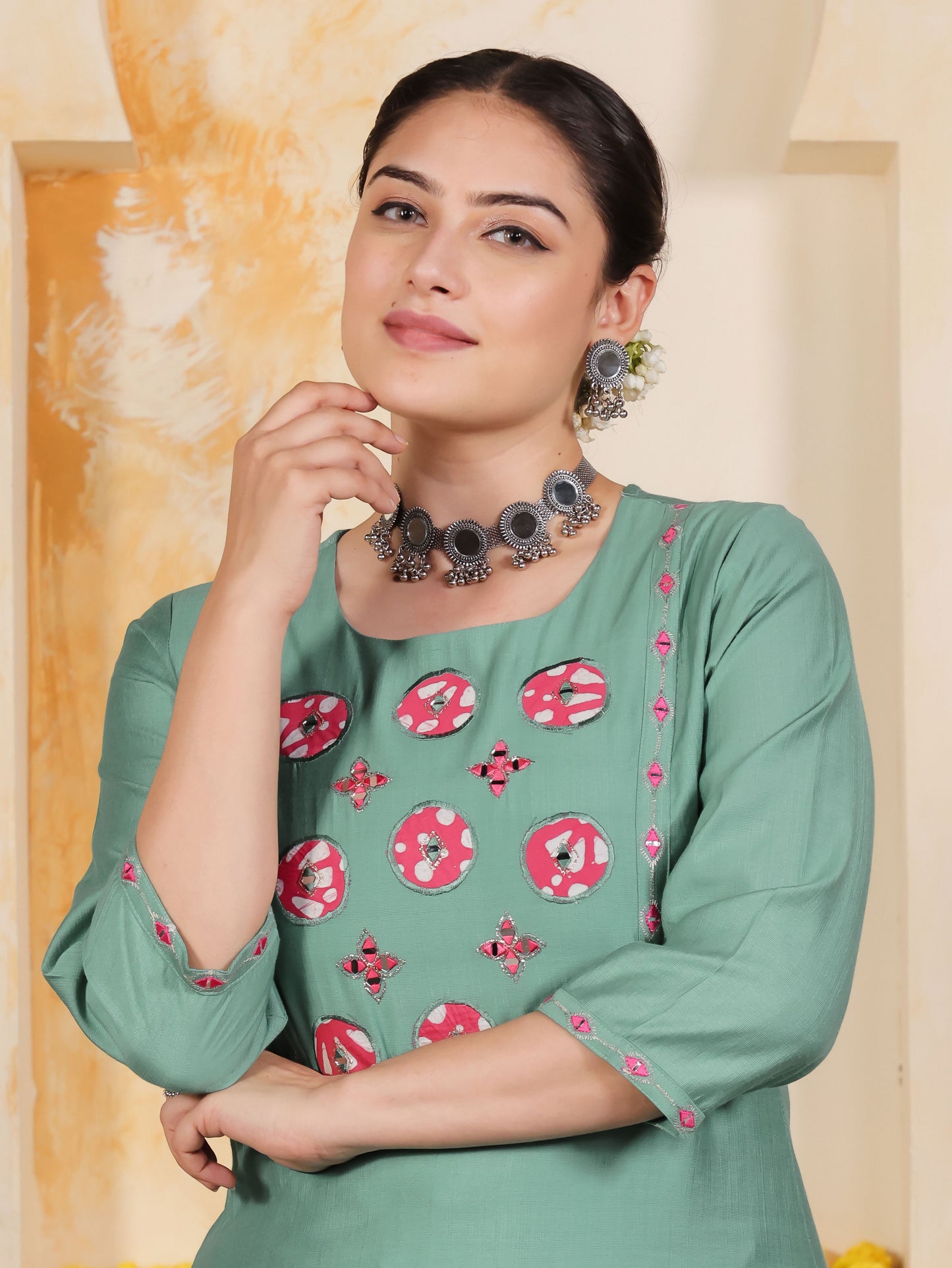 Embroidered Blended Silk Solid Straight Mint Green Kurta
