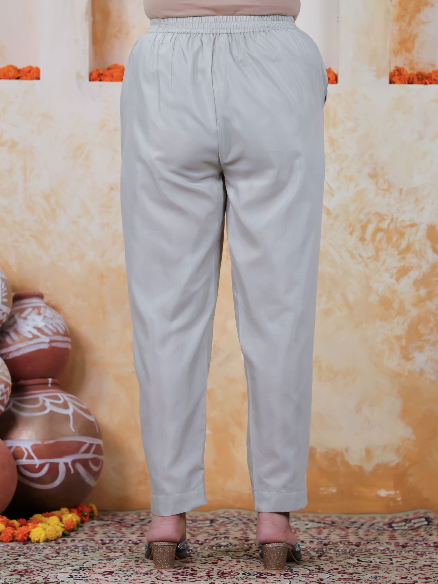 Satin Solid Grey Tapered Trousers