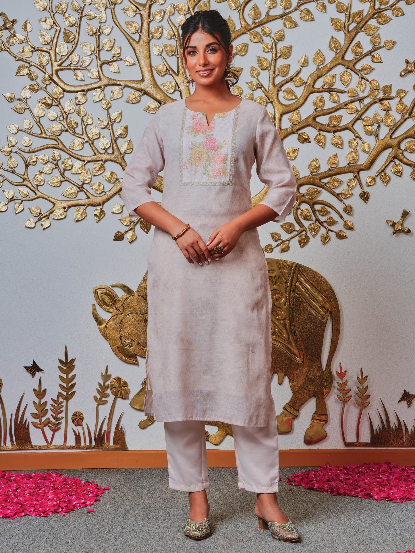 Chanderi Solid Straight Grey Kurta