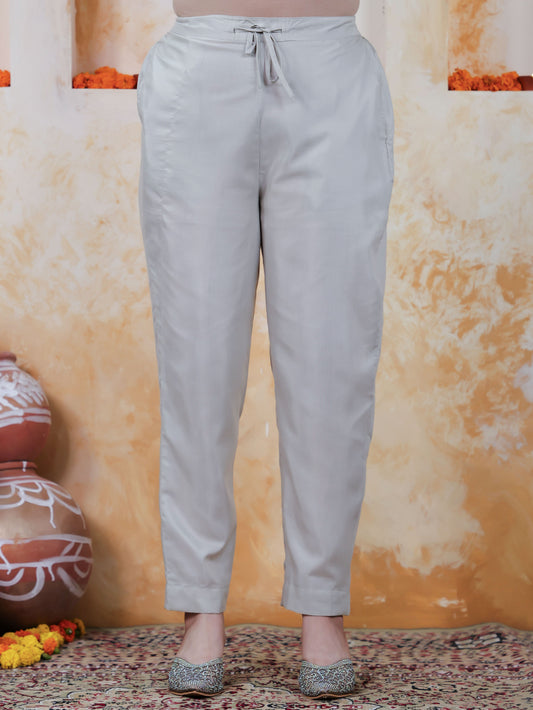 Satin Solid Grey Tapered Trousers