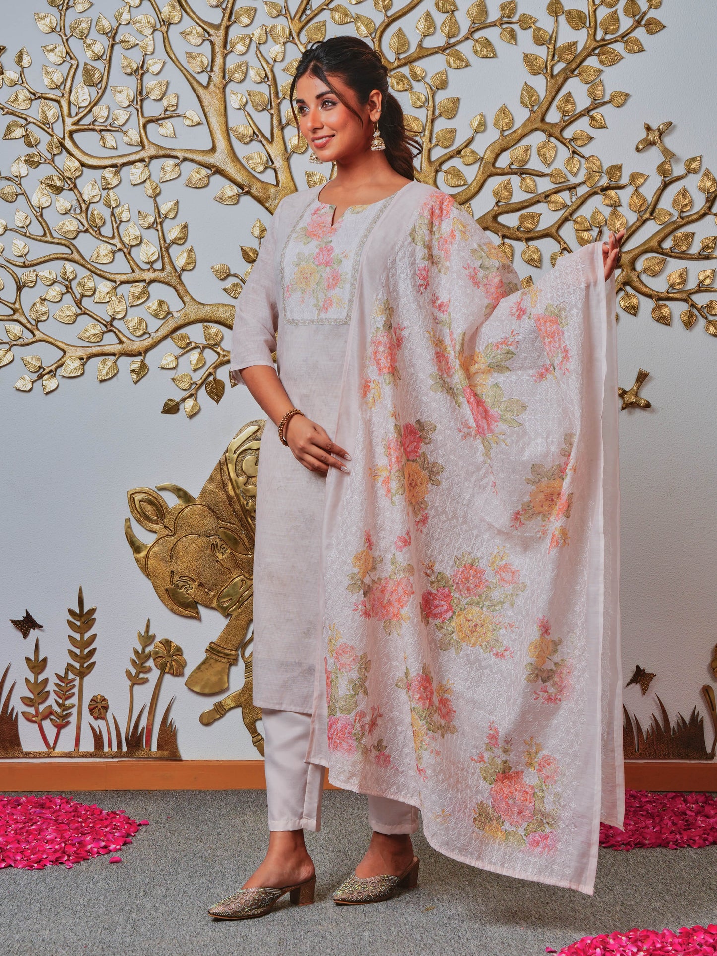 Chanderi Solid Straight Grey Kurta