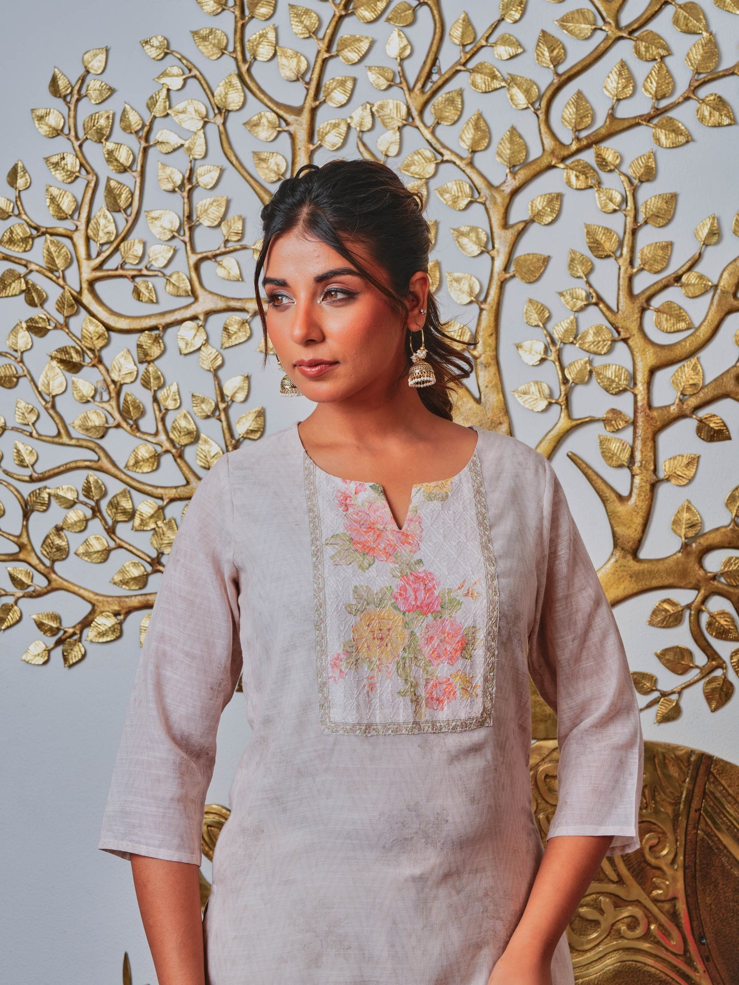 Chanderi Solid Straight Grey Kurta