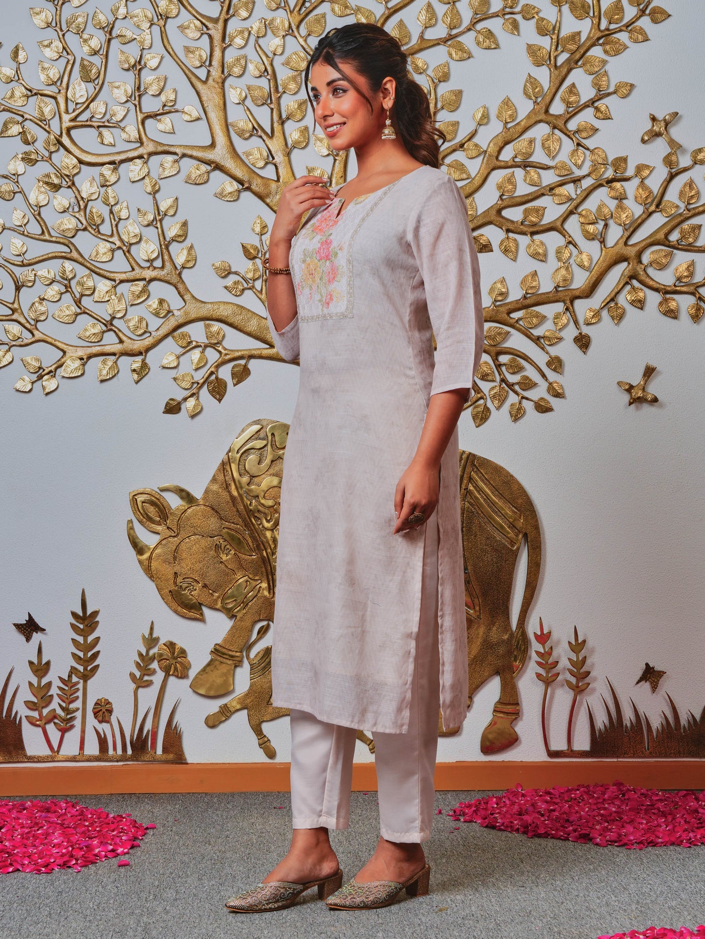 Chanderi Solid Straight Grey Kurta