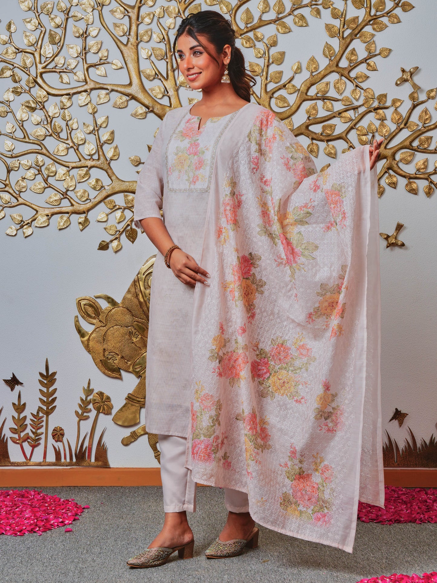 Chanderi Solid Straight Grey Kurta