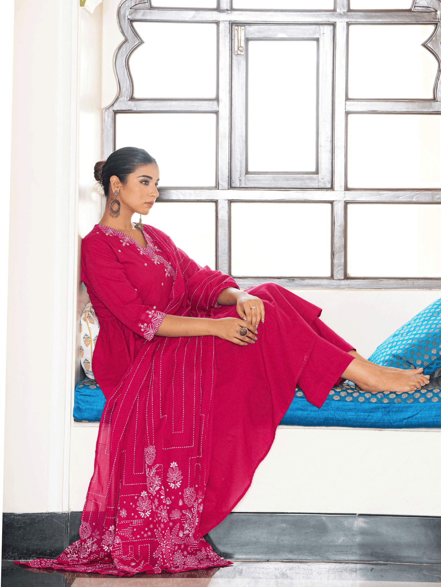 Embroidered Soft Cotton Solid Angrakha Pink Kurta