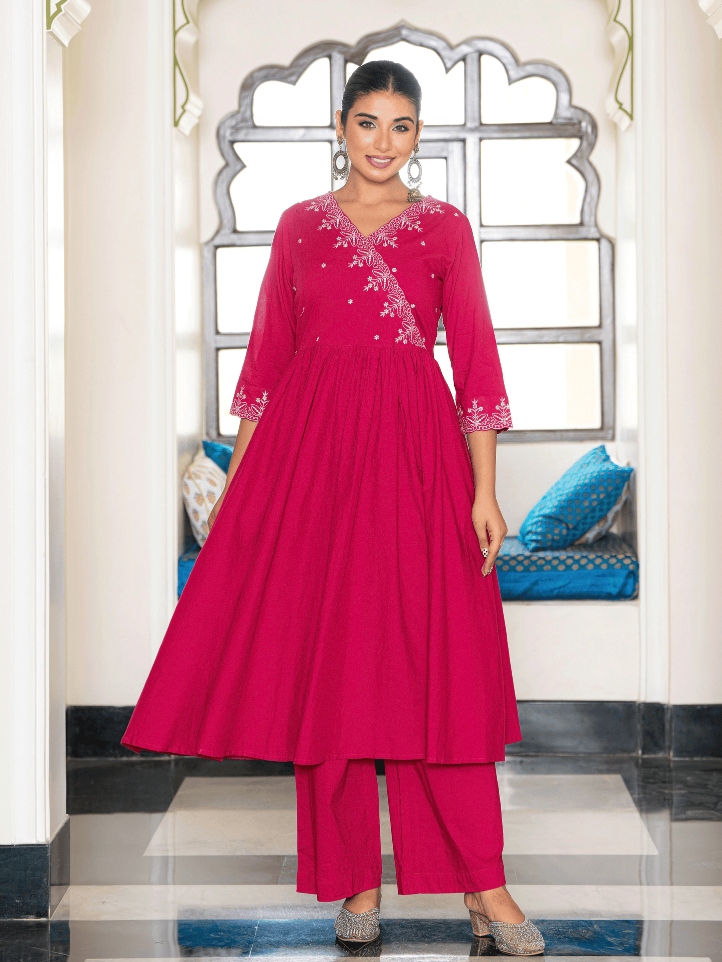 Embroidered Soft Cotton Solid Angrakha Pink Kurta
