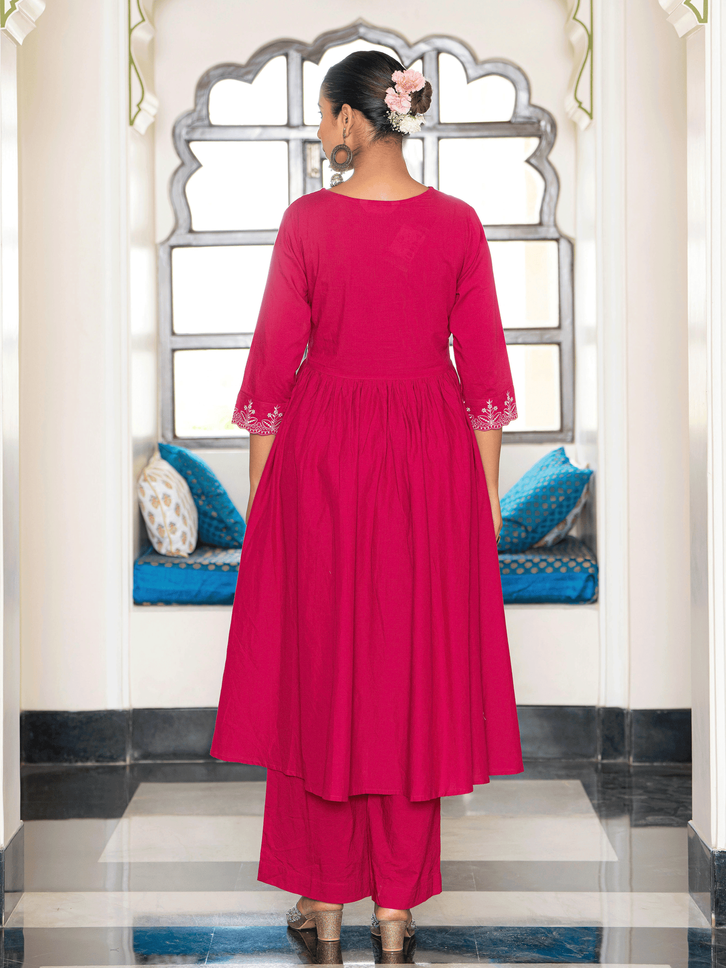 Embroidered Soft Cotton Solid Angrakha Pink Kurta