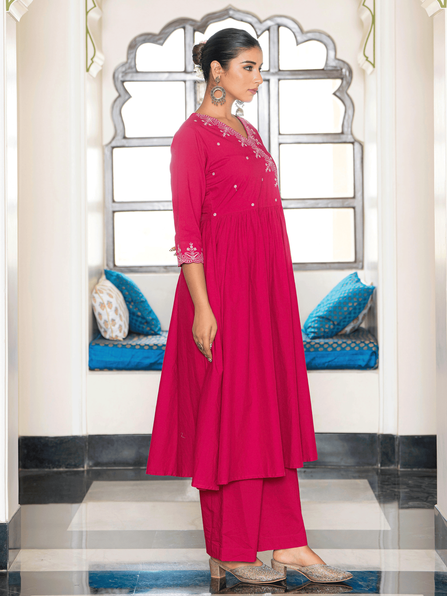 Embroidered Soft Cotton Solid Angrakha Pink Kurta