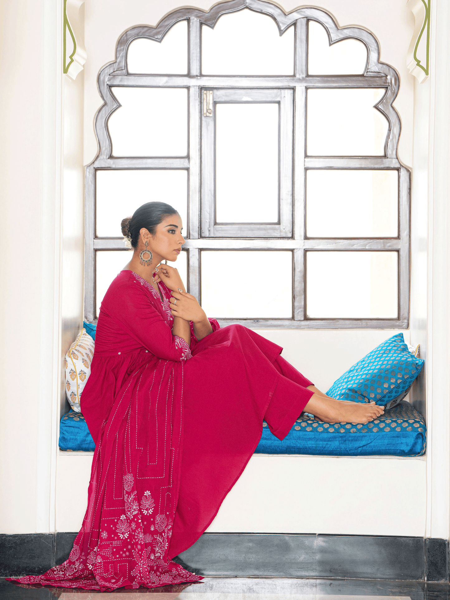 Embroidered Soft Cotton Solid Angrakha Pink Kurta