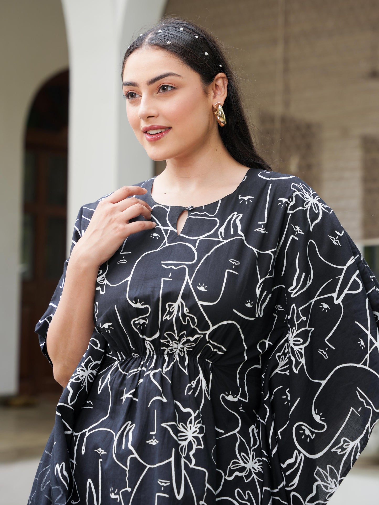 Soft Cotton Abstract Kaftan Black Kurta