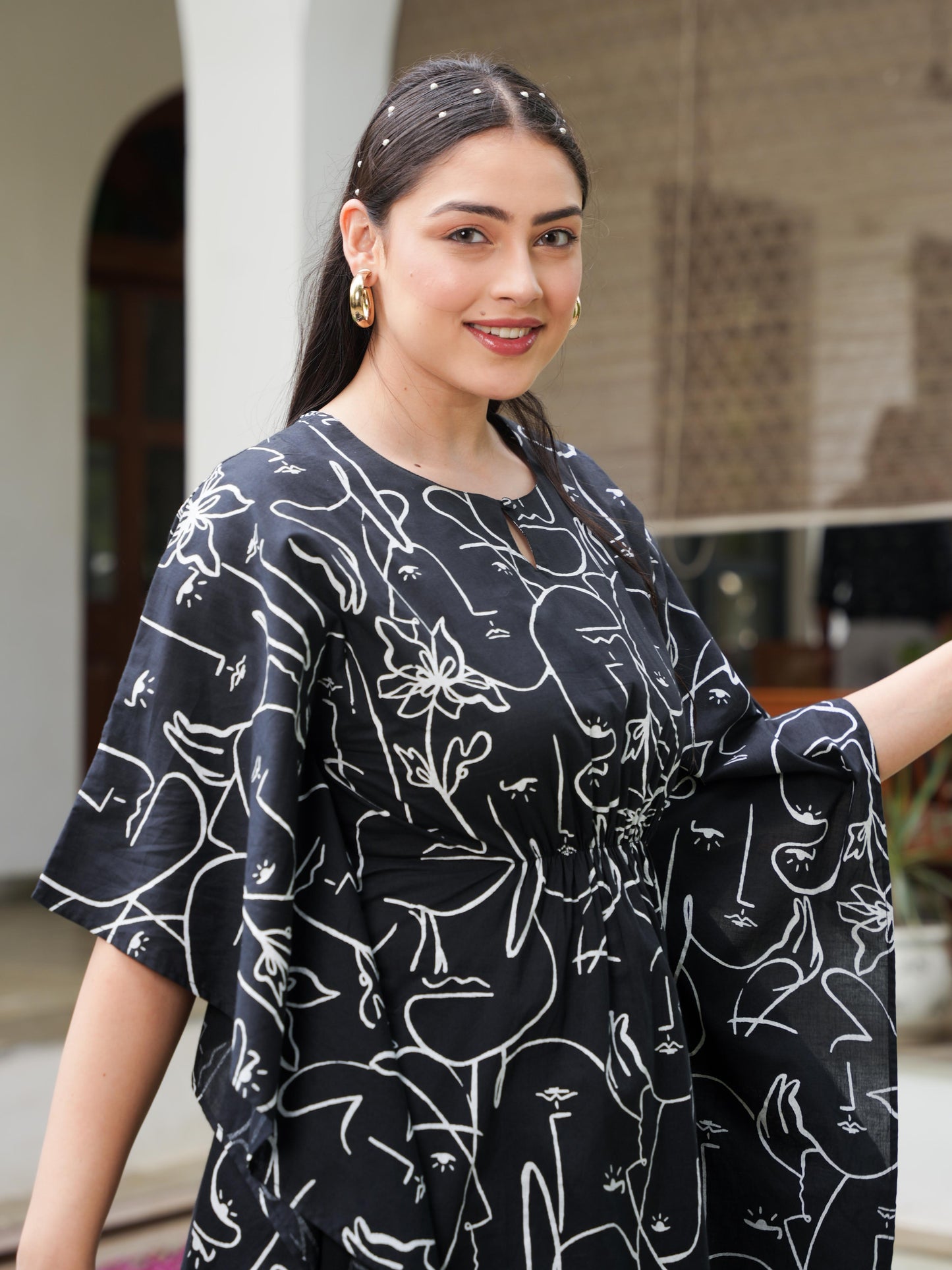 Soft Cotton Abstract Kaftan Black Kurta