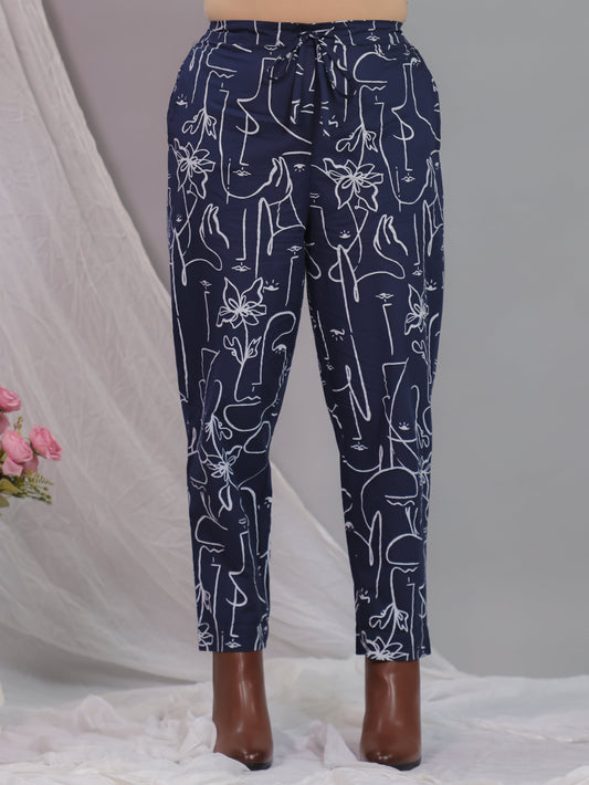 Soft Cotton Abstract Blue Tapered Tapered Trousers