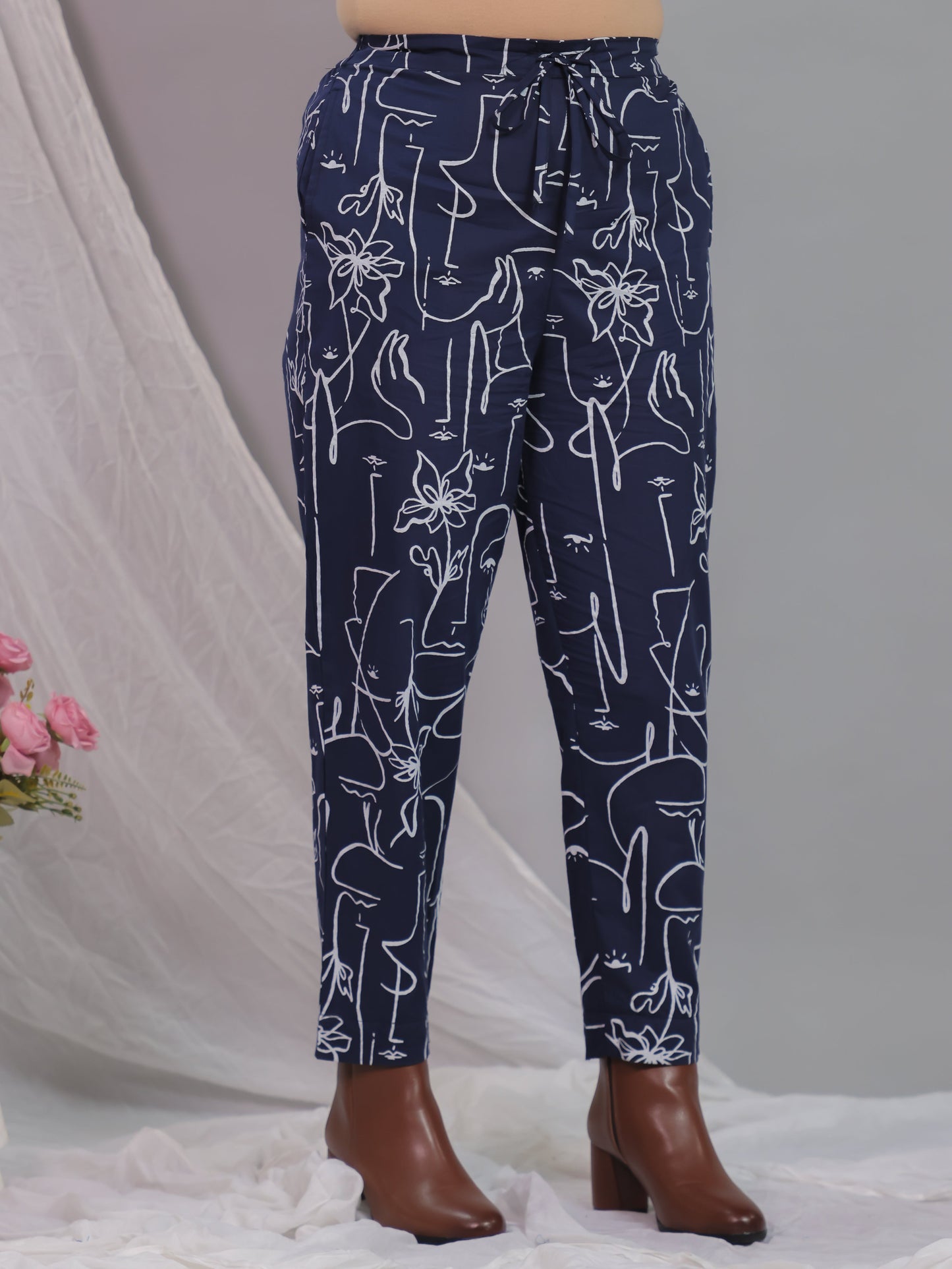 Soft Cotton Abstract Blue Tapered Tapered Trousers