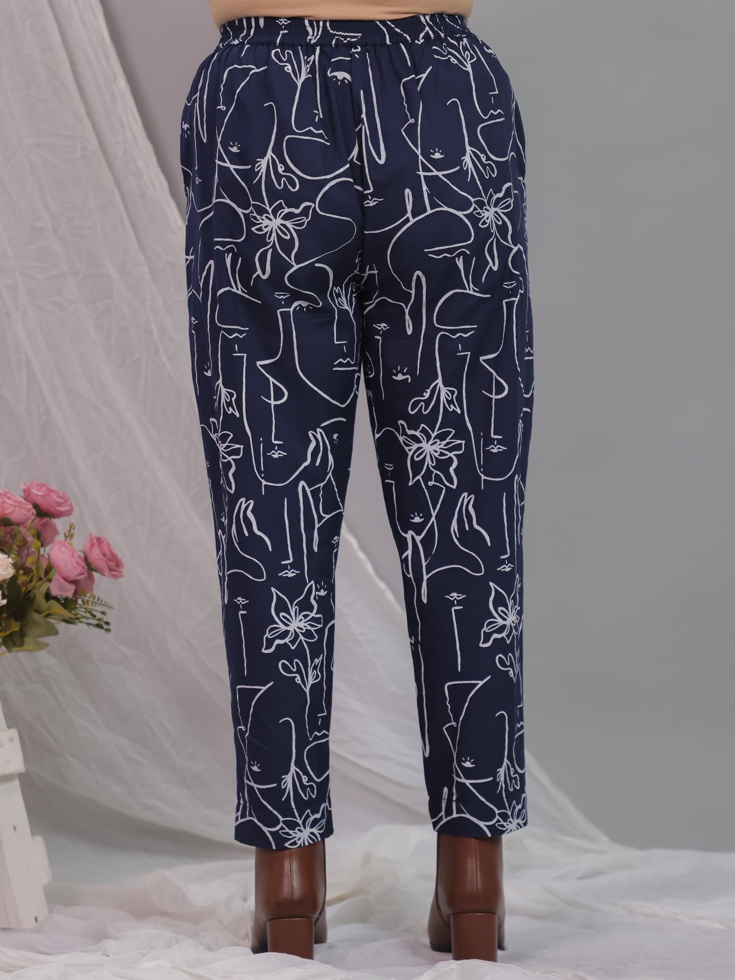Soft Cotton Abstract Blue Tapered Tapered Trousers
