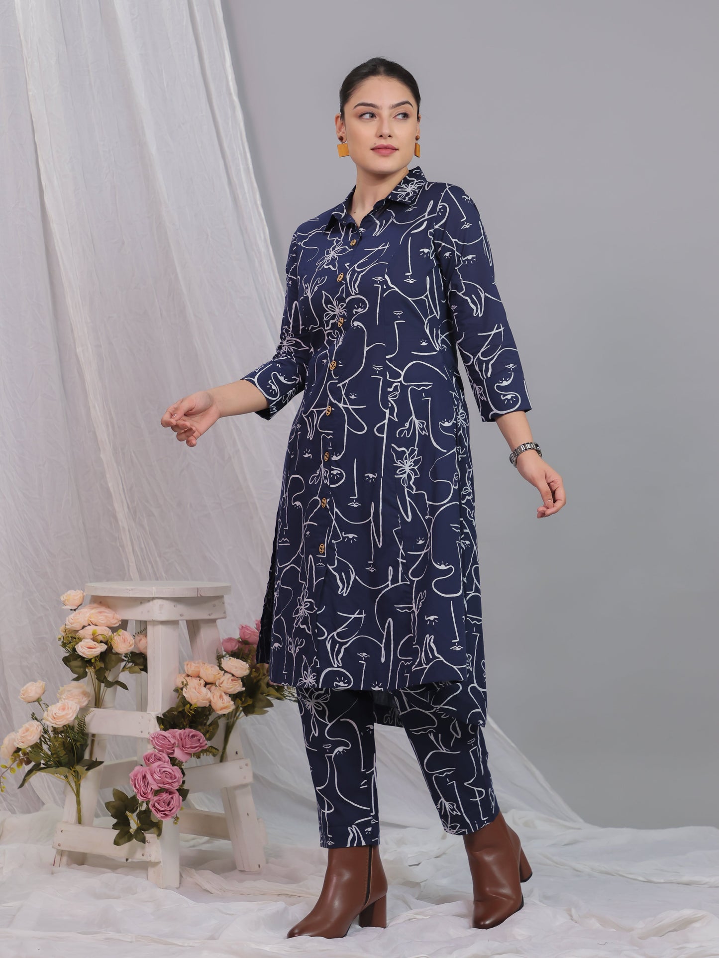 Soft Cotton Abstract High Low Blue Kurta