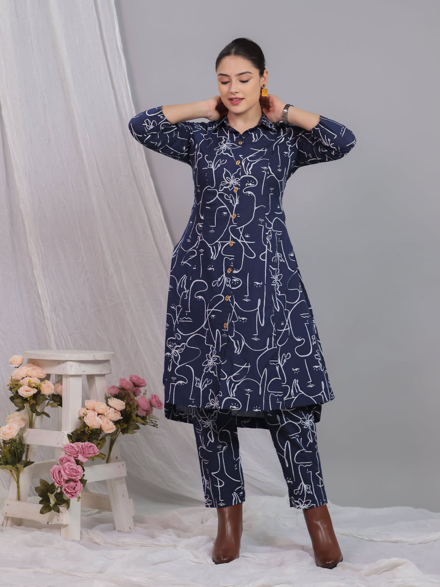 Soft Cotton Abstract High Low Blue Kurta