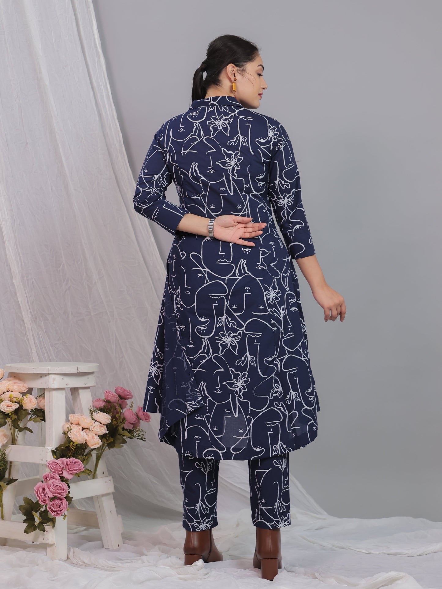 Soft Cotton Abstract High Low Blue Kurta
