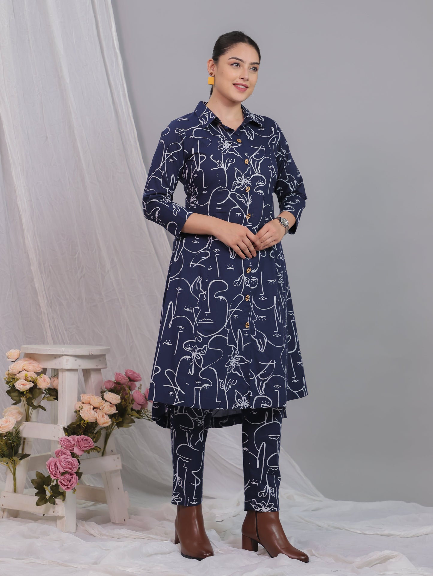 Soft Cotton Abstract High Low Blue Kurta