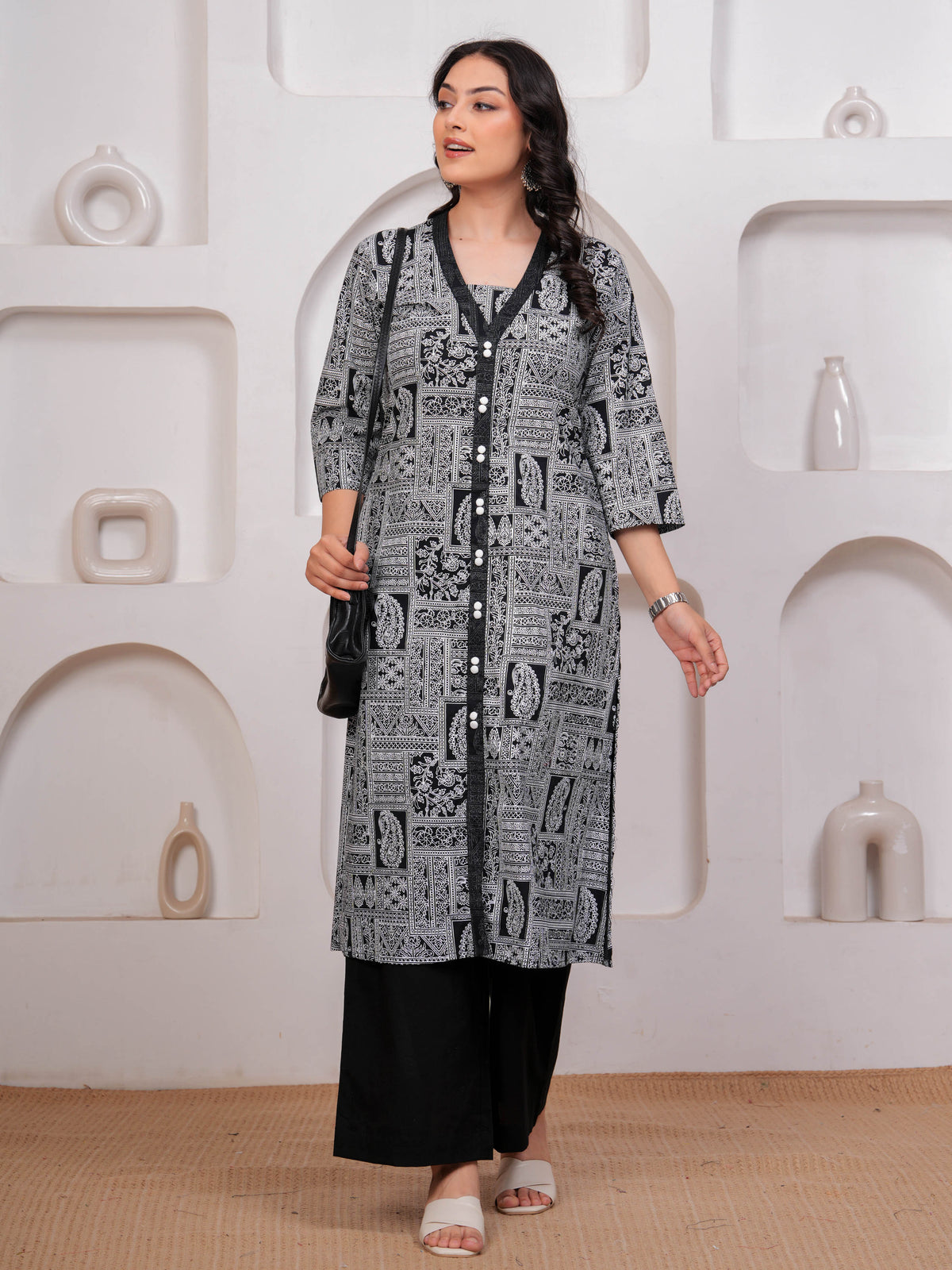 Soft Cotton Patchwork A-line Black Kurta