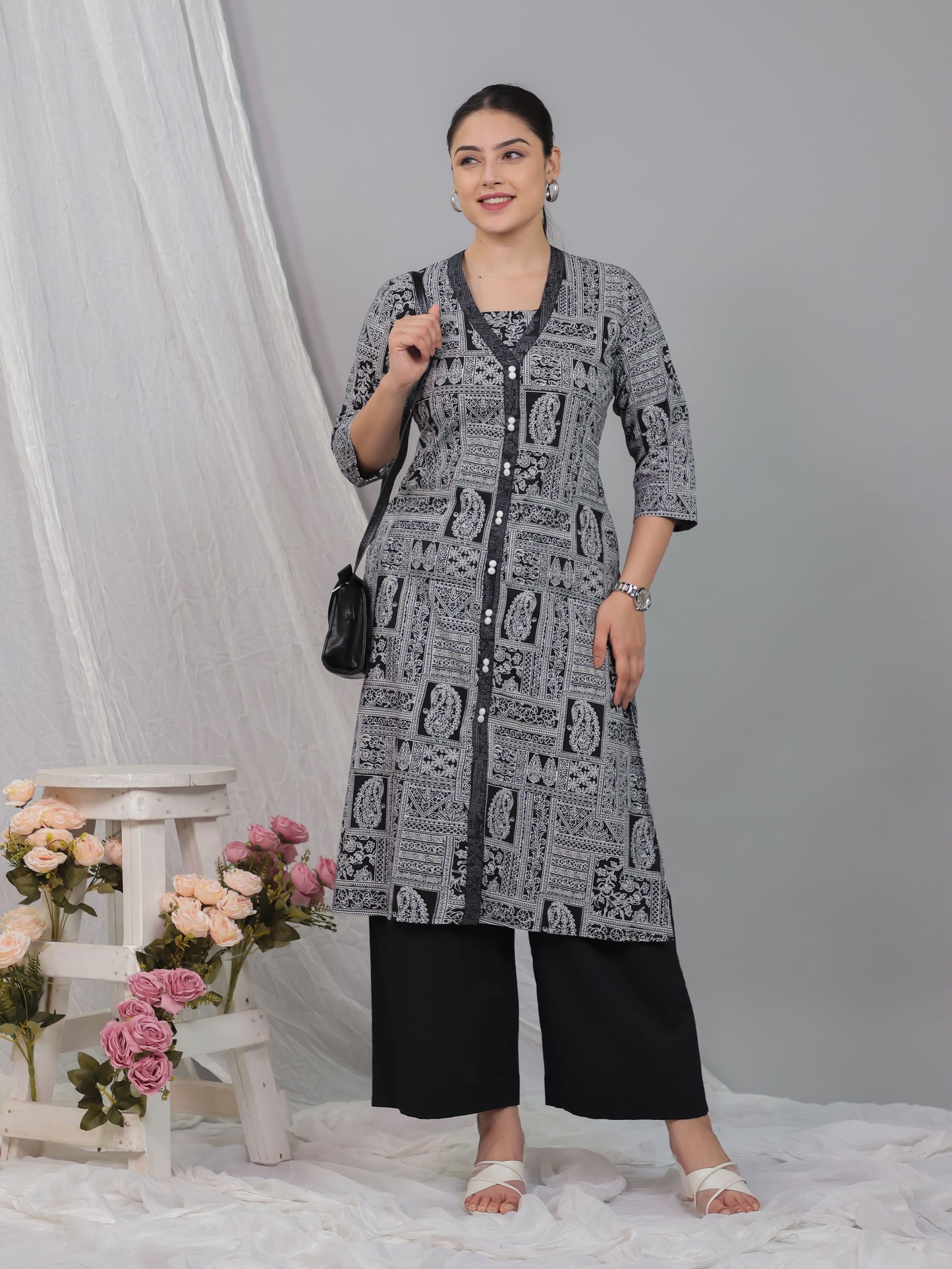 Soft Cotton Patchwork A-line Black Kurta