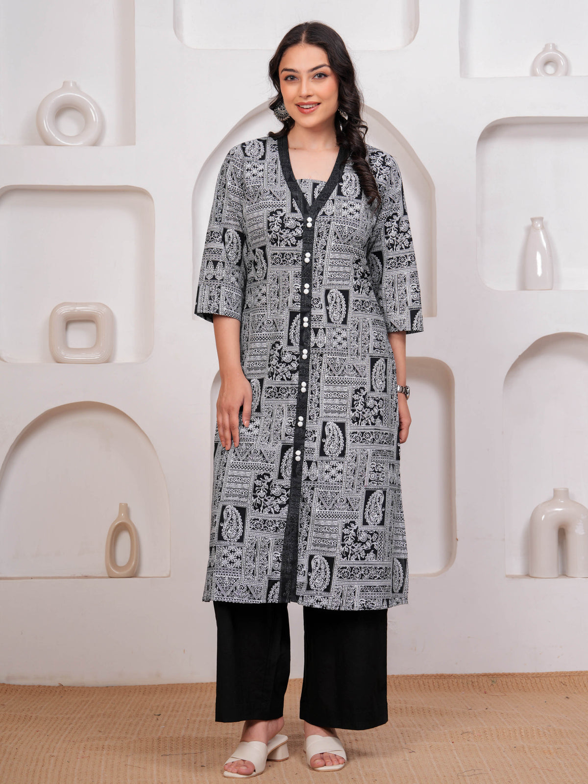 Soft Cotton Patchwork A-line Black Kurta