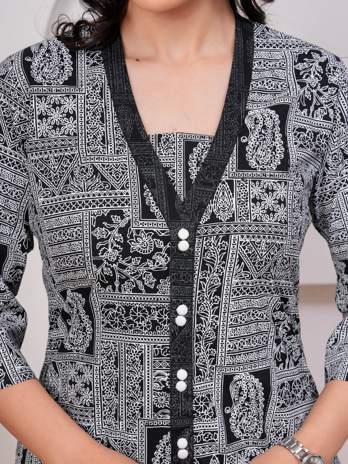Soft Cotton Patchwork A-line Black Kurta