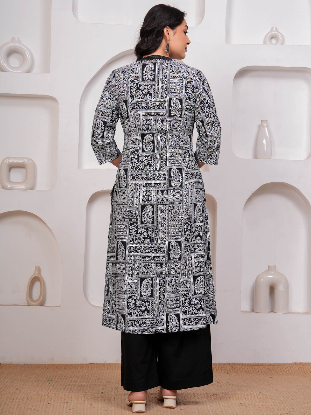 Soft Cotton Patchwork A-line Black Kurta