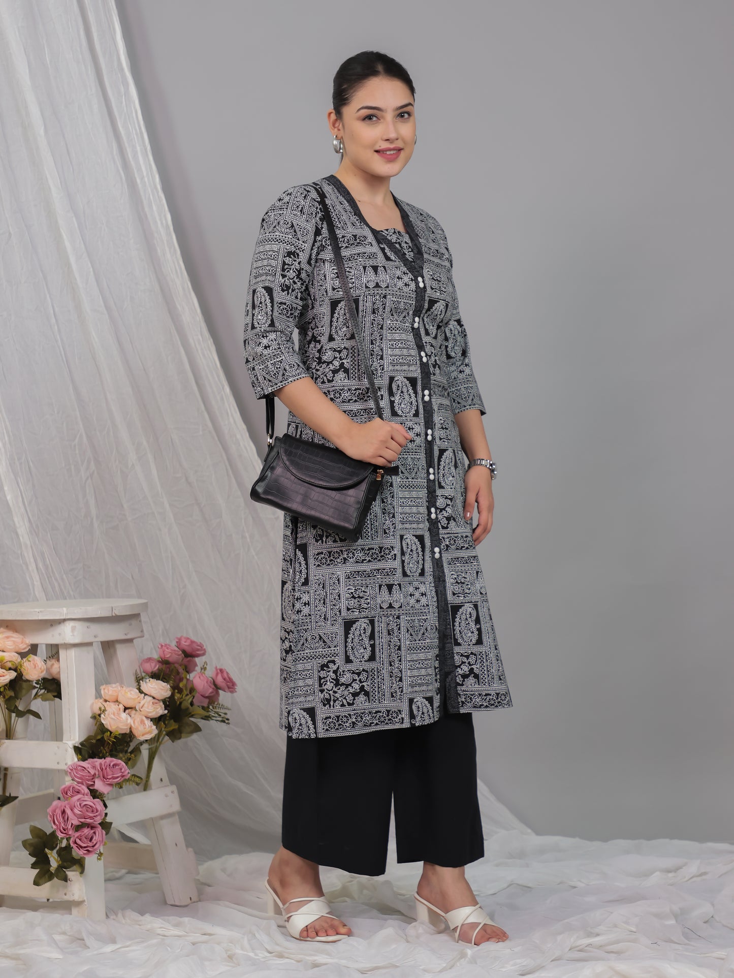 Soft Cotton Patchwork A-line Black Kurta