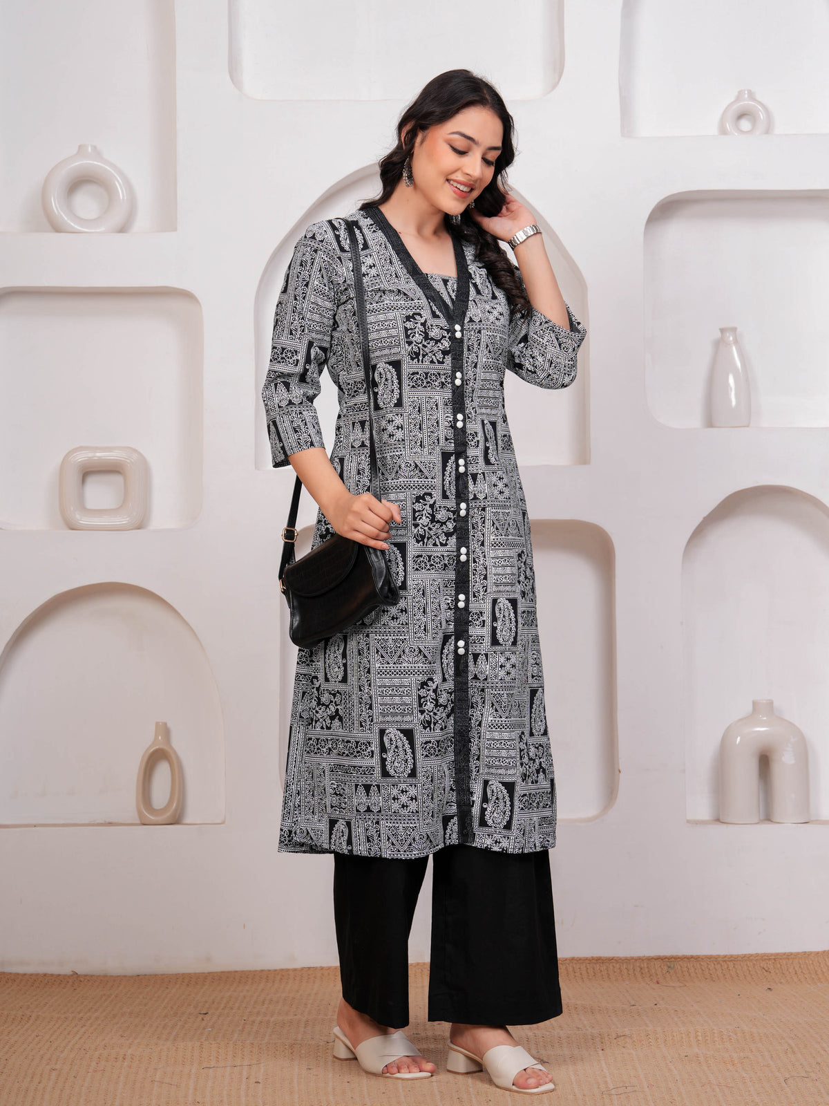 Soft Cotton Patchwork A-line Black Kurta