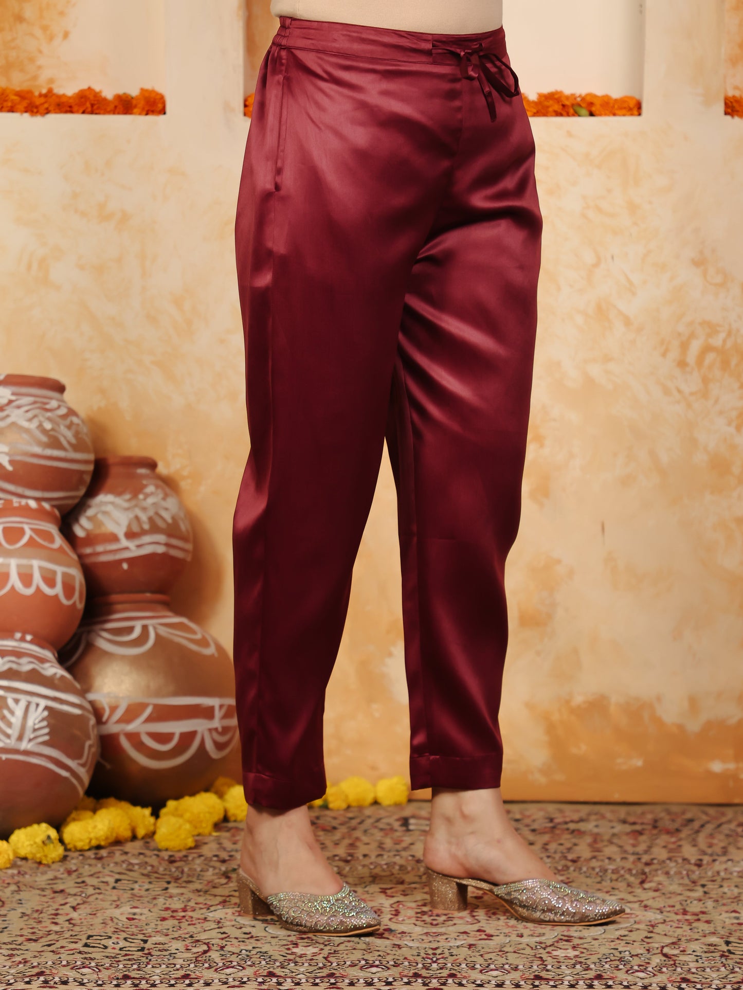 Embroidered Satin Solid Straight Maroon Kurta