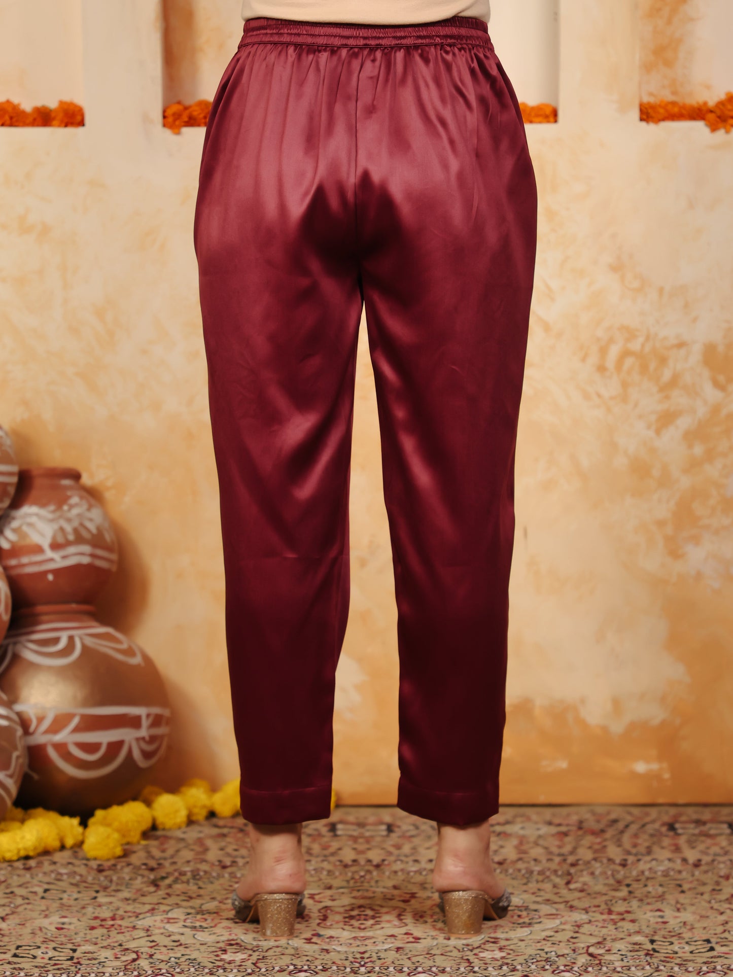Embroidered Satin Solid Straight Maroon Kurta