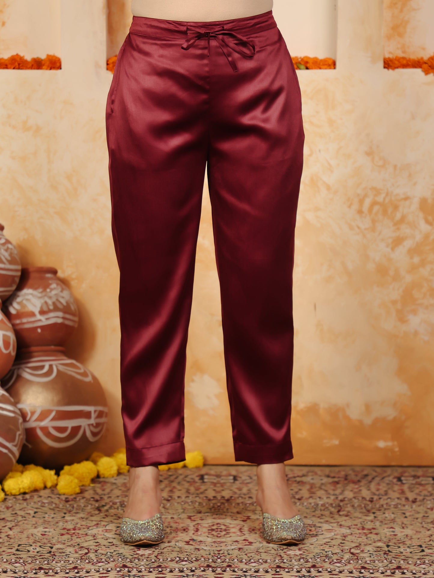 Embroidered Satin Solid Straight Maroon Kurta