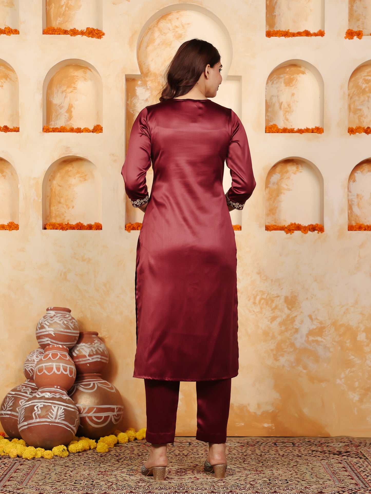 Embroidered Satin Solid Straight Maroon Kurta