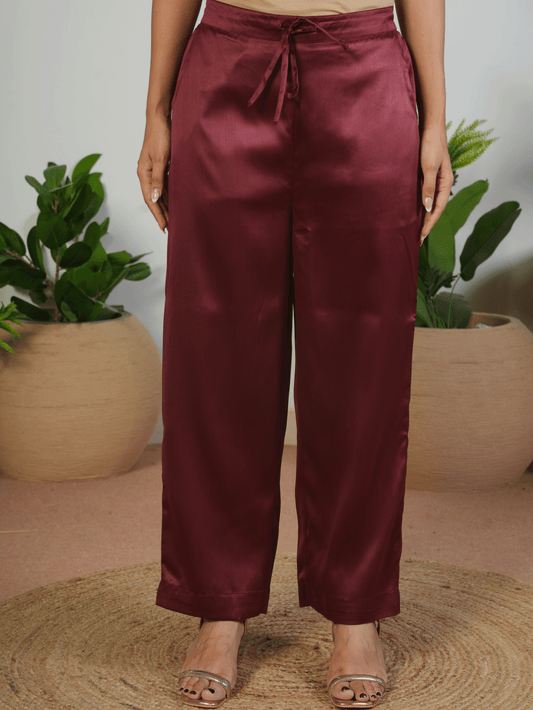 Satin Solid Maroon Straight Trousers