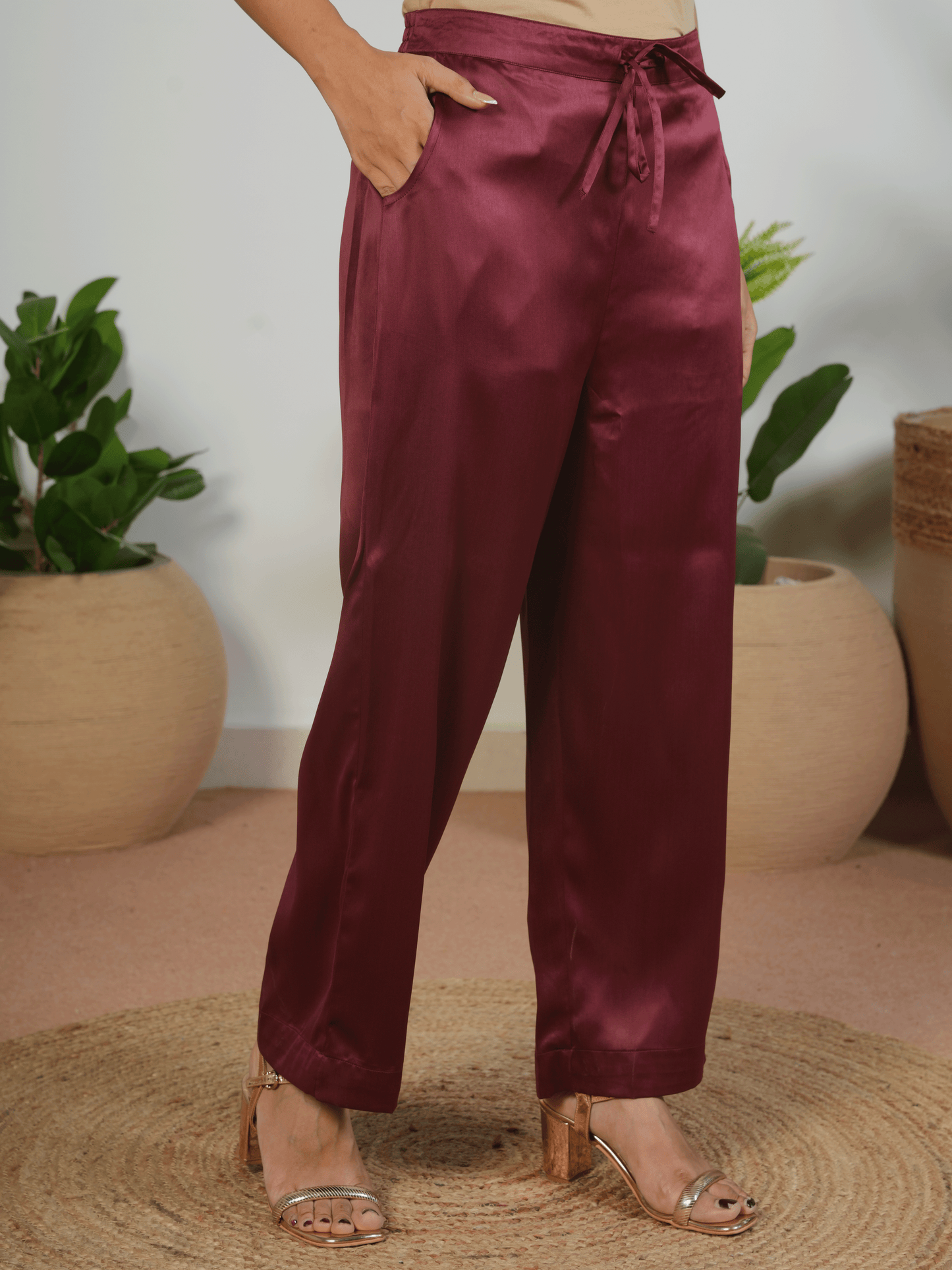 Satin Solid Maroon Straight Trousers