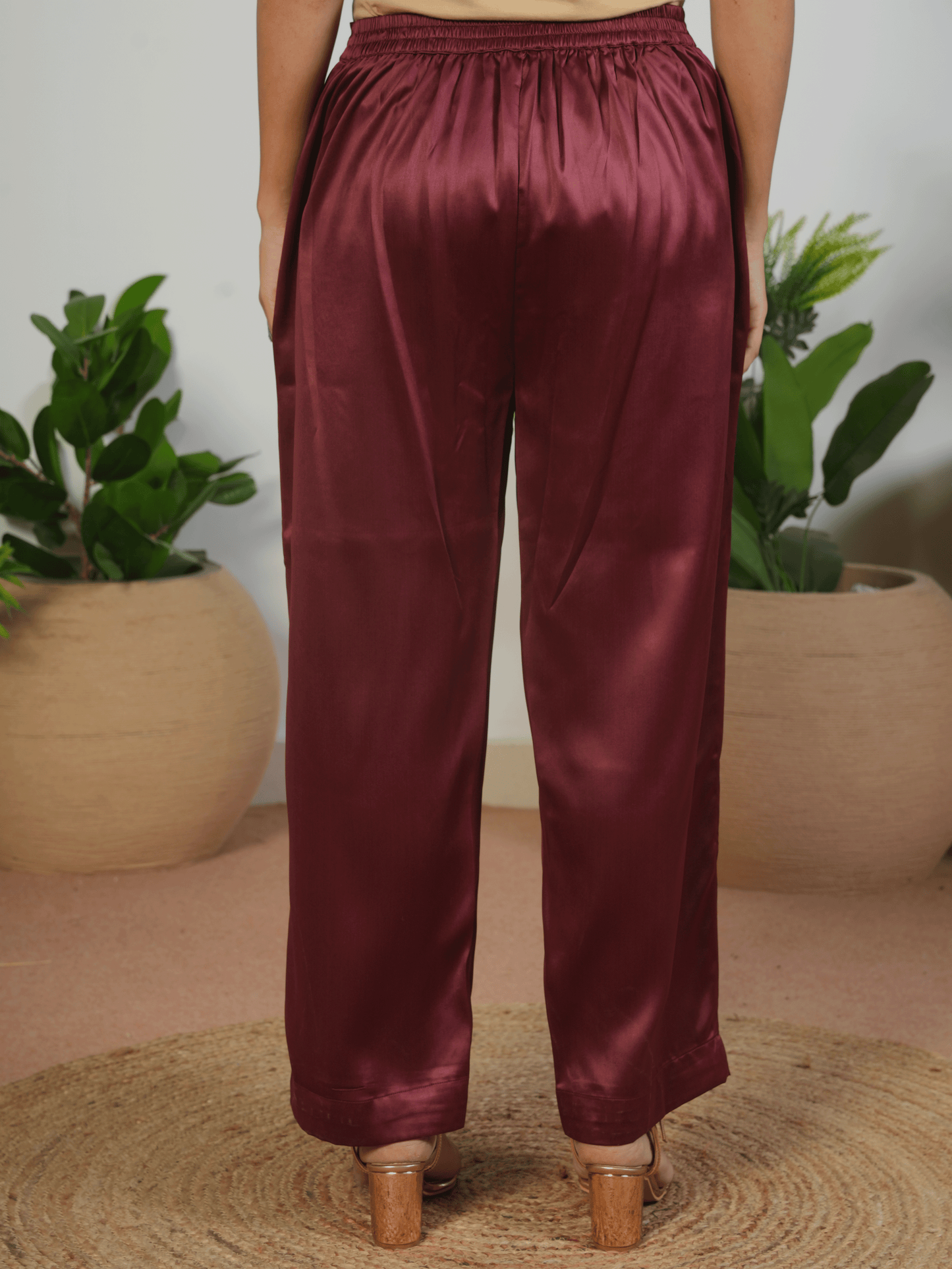 Satin Solid Maroon Straight Trousers