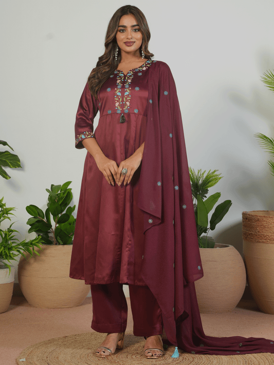 Embroidered Georgette Solid Maroon Dupatta